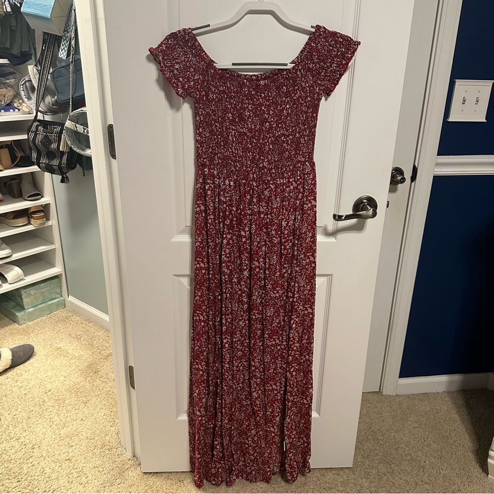 full length red flowered dress